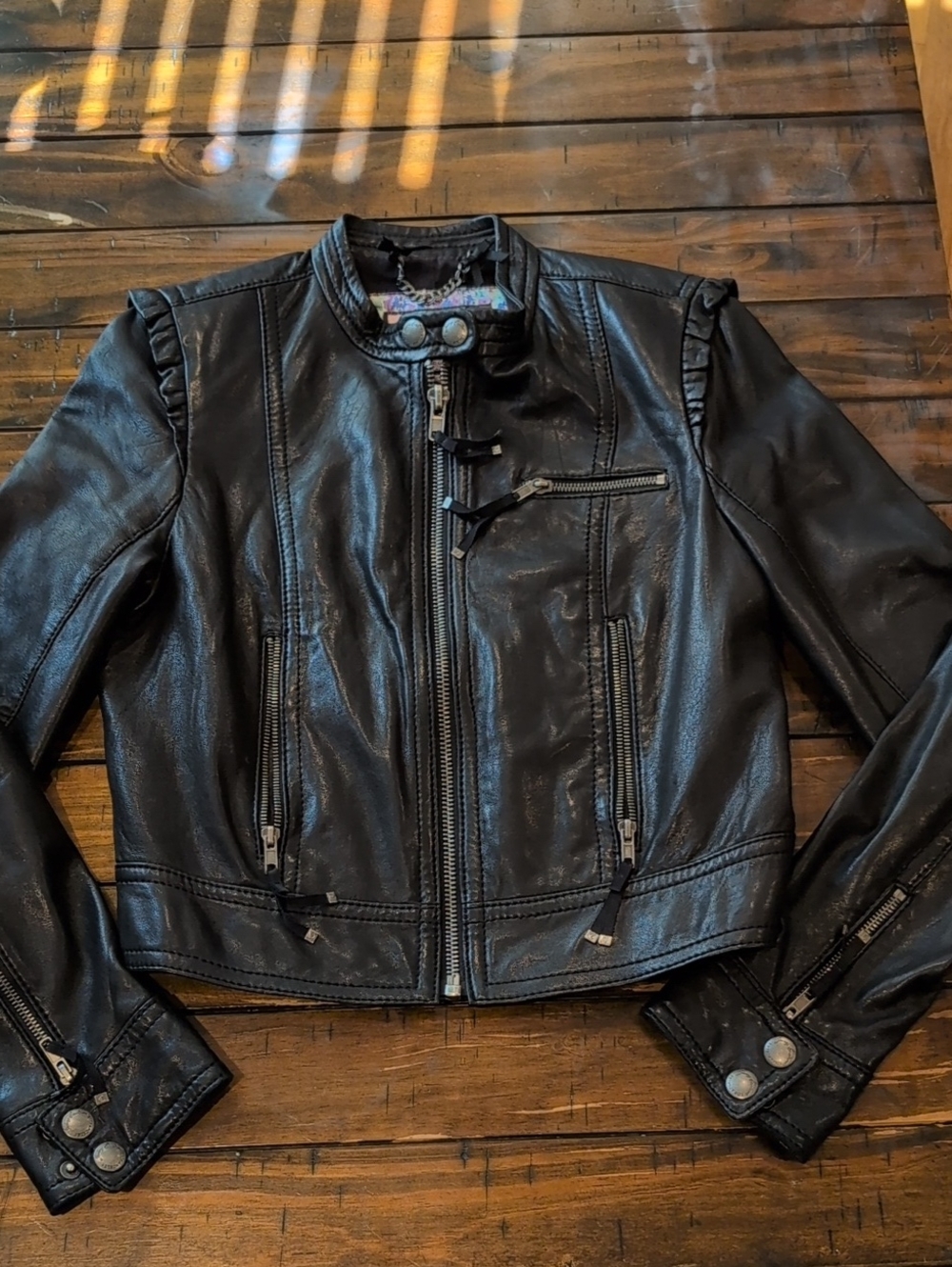 Juicy Couture Leather Ruffle Shoulder Moto Jacket Vintage Y2K